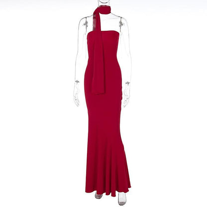 Strapless Tube Ruffle Hem Open Back Maxi Dress With Shawl