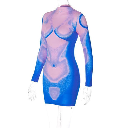 Mock Neck Body Contour Graphic Long Sleeve Mini Dress
