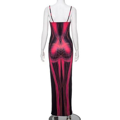 Square Neck Contour Print Spaghetti Strap Maxi Dress