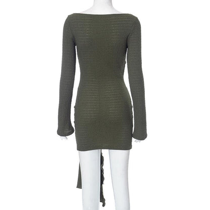 Deep Scoop Neck O-Ring Cutout Side Tie Ruched Bodycon Mini Dress