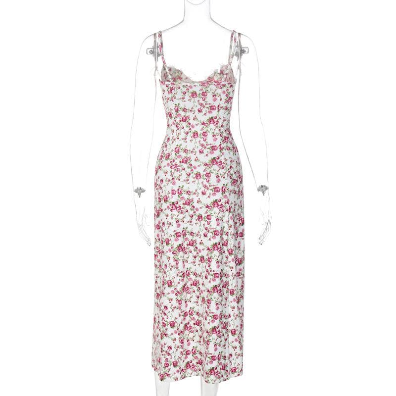 Sweetheart Neck Lace Trim Floral Print Side Slit Bodycon Midi Dress
