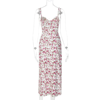 Sweetheart Neck Lace Trim Floral Print Side Slit Bodycon Midi Dress