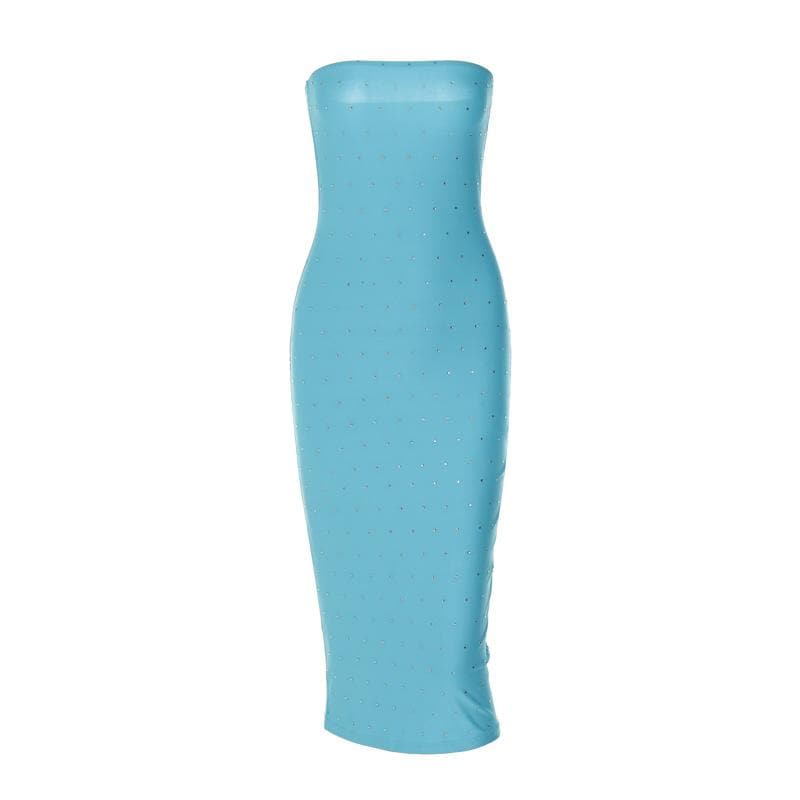 Rhinestone Grid Strapless Bodycon Midi Dress