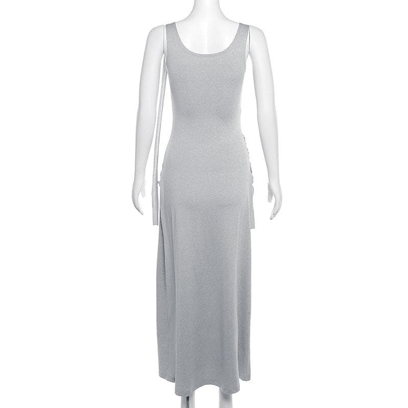 Choker Band Asymmetrical Draped Ruched Hip Sleeveless Column Maxi Gown