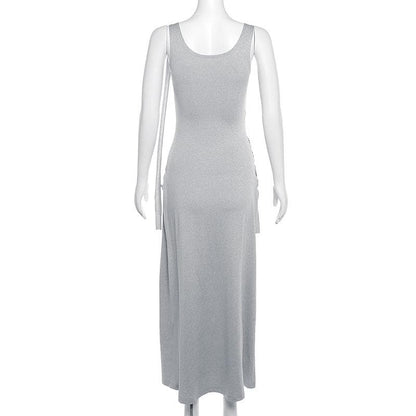 Choker Band Asymmetrical Draped Ruched Hip Sleeveless Column Maxi Gown