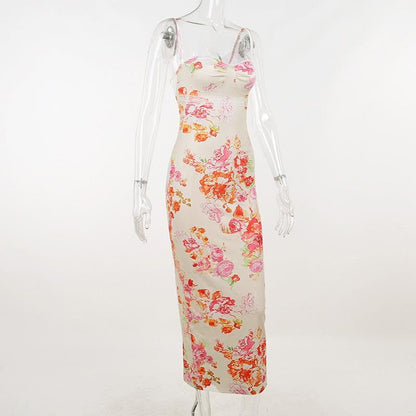 Floral Print Sweetheart Neck Lace Trim Empire Waist Cami Maxi Dress