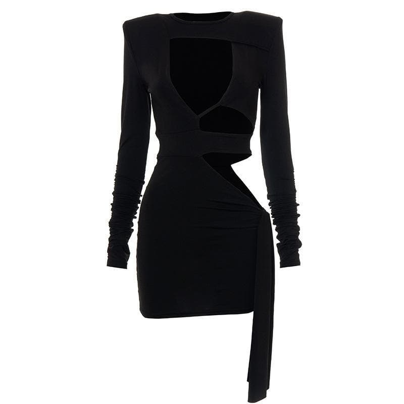 Crew Neck Padded Shoulder Multi Cutout Drape Panel Mini Dress