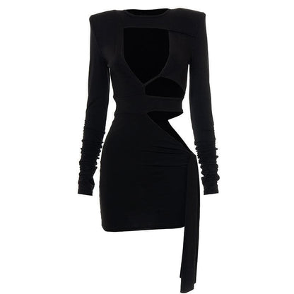 Crew Neck Padded Shoulder Multi Cutout Drape Panel Mini Dress