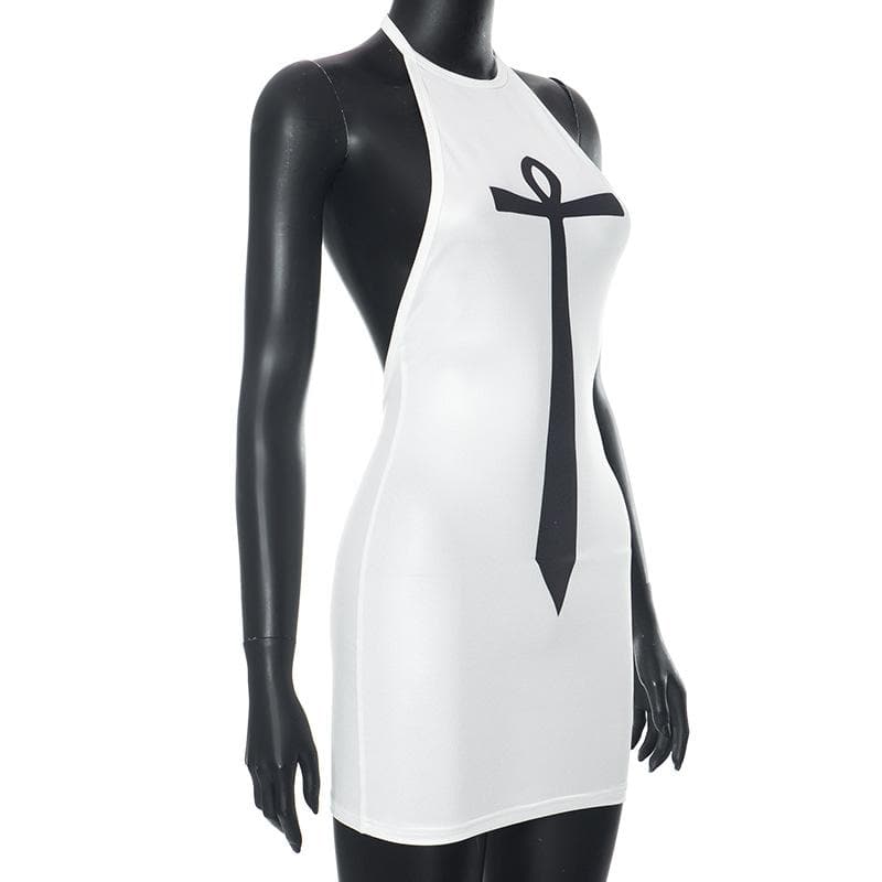 Halter Abstract Cross Tie Graphic Bodycon Mini Dress