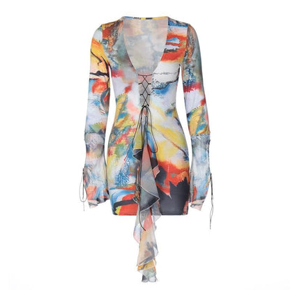 Deep V Lace Up Bell Sleeve Abstract Print Mini Dress