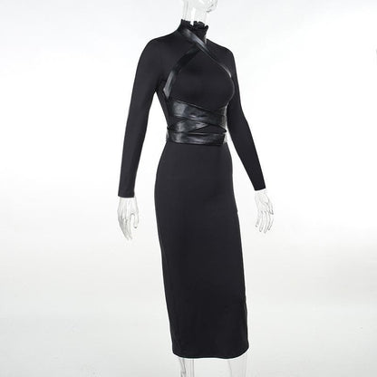 High Neck Faux Leather Harness Strap Bodycon Midi Dress