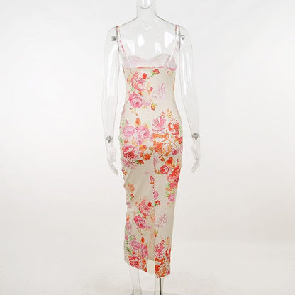 Floral Print Sweetheart Neck Lace Trim Empire Waist Cami Maxi Dress