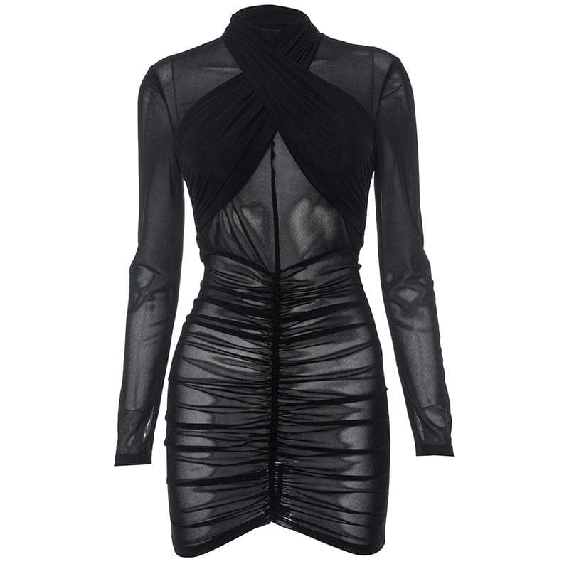 Ruched Cross Front Sheer Mesh Long Sleeve Mini Dress