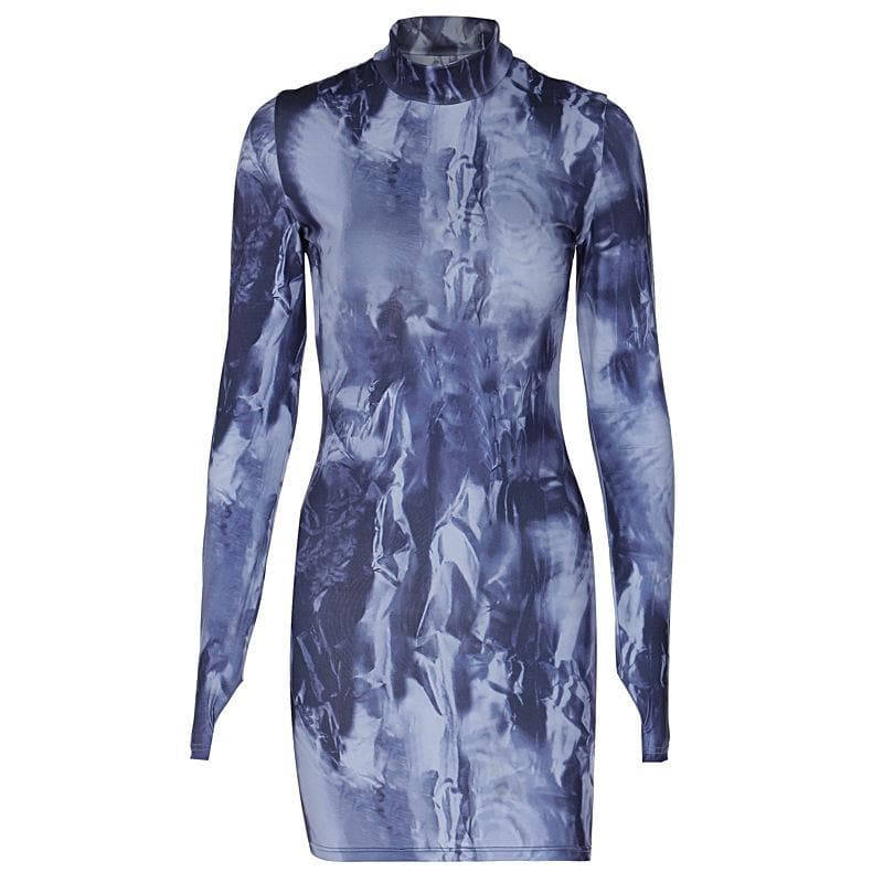 Tie Dye Print Mock Neck Thumbhole Long Sleeve Bodycon Mini Dress