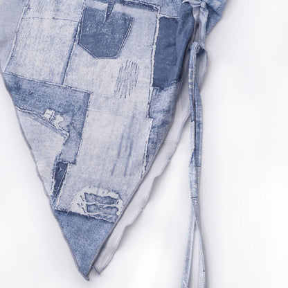 Strapless Denim Patchwork Ruched Drawstring Asymmetric Hem Mini Dress