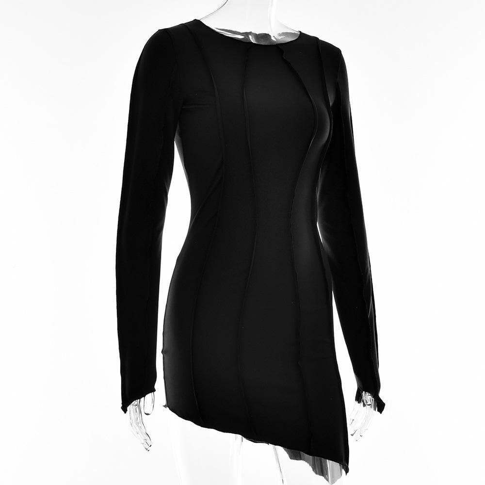 Crew Neck Exposed Wavy Seam Raw Edge Asymmetrical Hem Bodycon Mini Dress