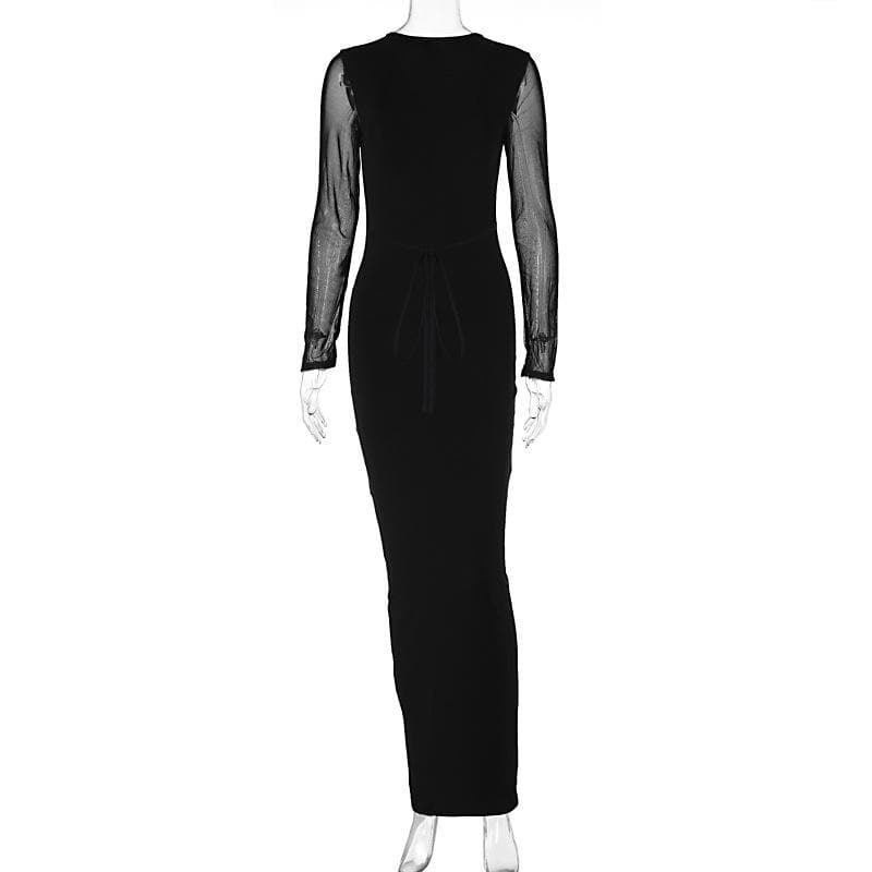 Mesh Patchwork Deep V Neck Cross Front Long Sleeve Maxi Dress
