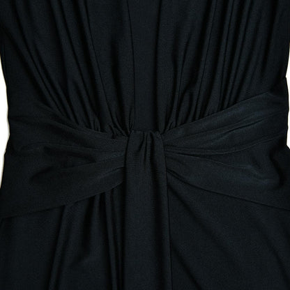 Long Sleeve Deep V Neck Knot Waist Ruched Gathered Maxi Dress