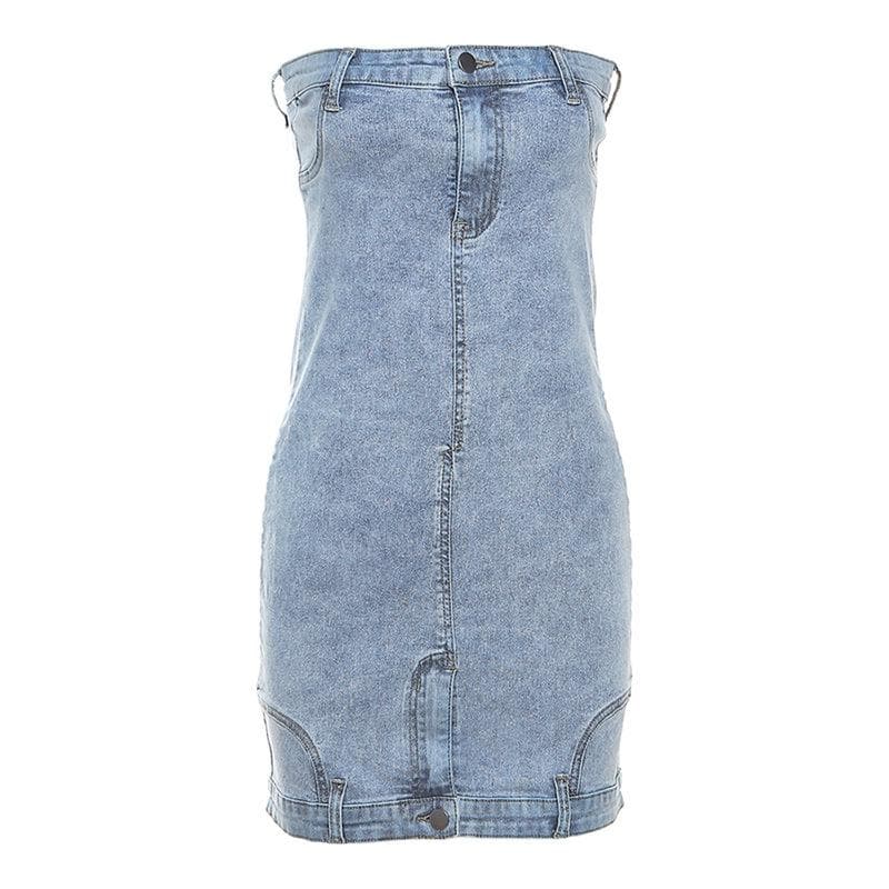 Strapless Reconstructed Waistband Denim Bodycon Mini Dress