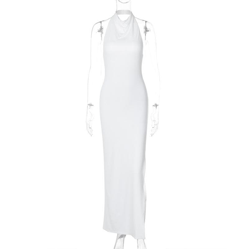 Cowl Neck Halter Sleeveless Side Slit Ruched Bodycon Maxi Dress