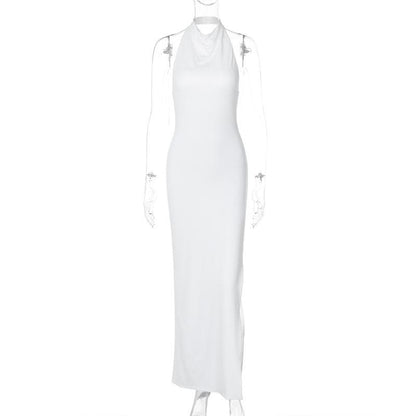 Cowl Neck Halter Sleeveless Side Slit Ruched Bodycon Maxi Dress