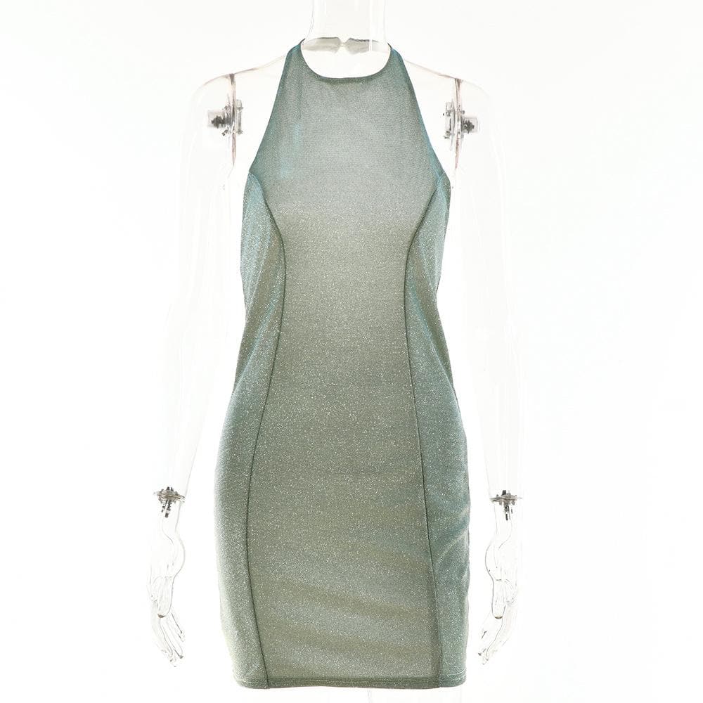 Shimmer Halter Neck Paneled Bodycon Mini Dress