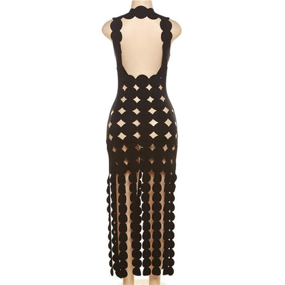 Scalloped Cutout Diamond Pattern High Slit Fringe Hem Sleeveless Maxi Dress