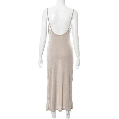 Cowl Neck Spaghetti Strap Ruched Waist High Slit Bodycon Maxi Dress