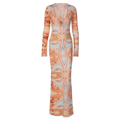 Deep V Ring Hardware Psychedelic Print Long Sleeve Bodycon Maxi Dress