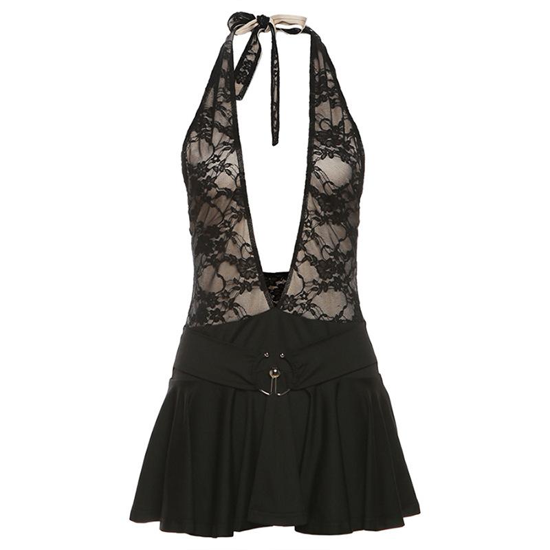 Deep V Halter Lace Bodice Metal Buckle Belt Pleated Mini Dress
