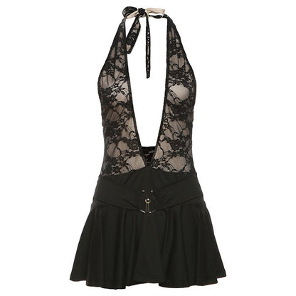 Deep V Halter Lace Bodice Metal Buckle Belt Pleated Mini Dress