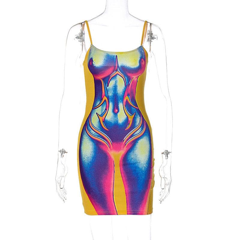 Square Neck Spaghetti Strap Thermal Silhouette Graphic Cami Mini Dress