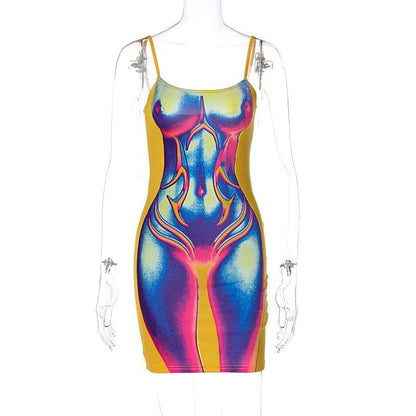 Square Neck Spaghetti Strap Thermal Silhouette Graphic Cami Mini Dress