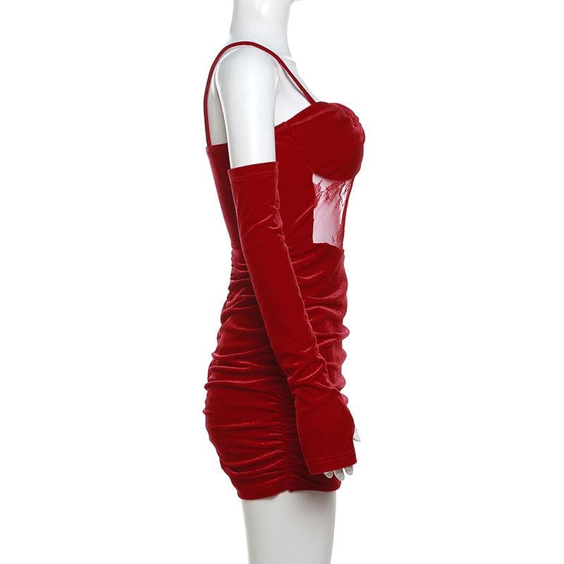 Velvet Sweetheart Neck Lace Panel Corset Detached Sleeve Mini Dress