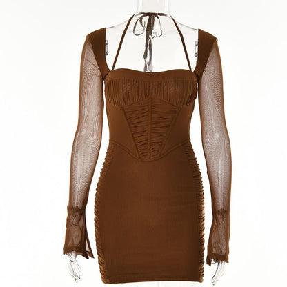 Square Neck Halter Tie Corset Bodice Bell Sleeve Side Ruched Bodycon Mini Dress