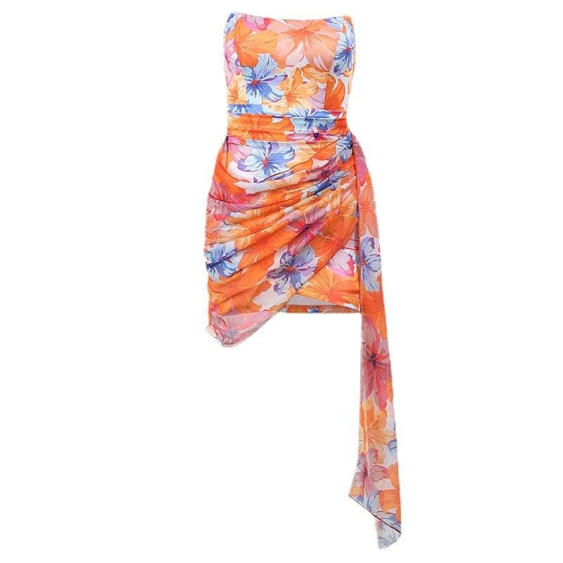 Strapless Tropical Floral Print Ruched Asymmetric Hem Mini Dress