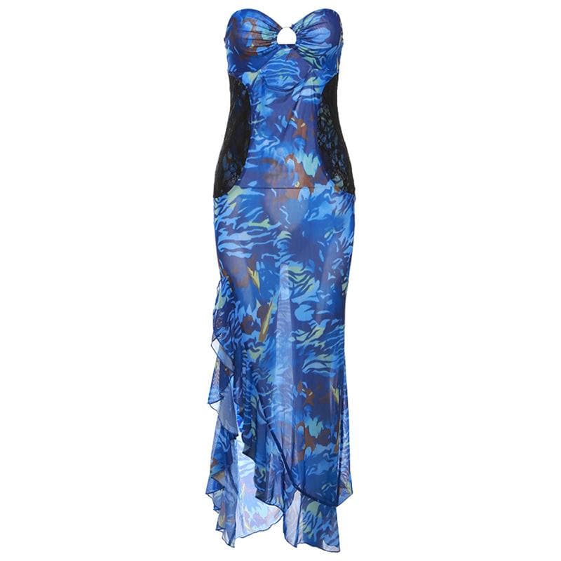Abstract Print Strapless O-Ring Lace Panel Ruffle High Slit Maxi Dress