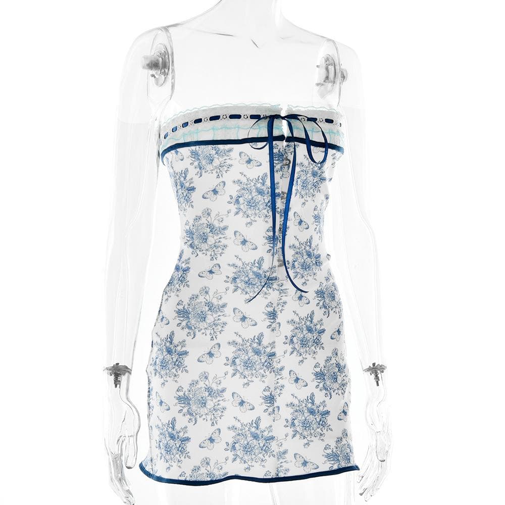 Strapless Lace Trim Bow Tie Butterfly Print Tube Mini Dress