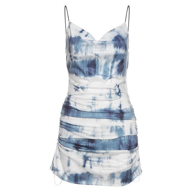 Cowl Neck Spaghetti Strap Tie Dye Side Ruched Bodycon Mini Dress
