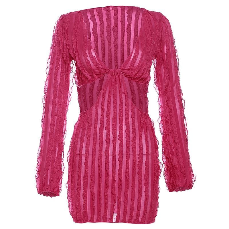 V Neck Ruffle Bell Sleeve Waist Cutout Mini Dress