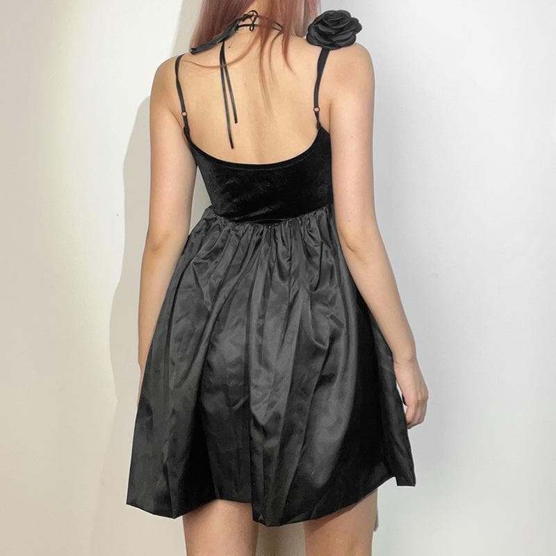 Velvet Sweetheart Notch Neck Flower Applique Bubble Hem Mini Dress