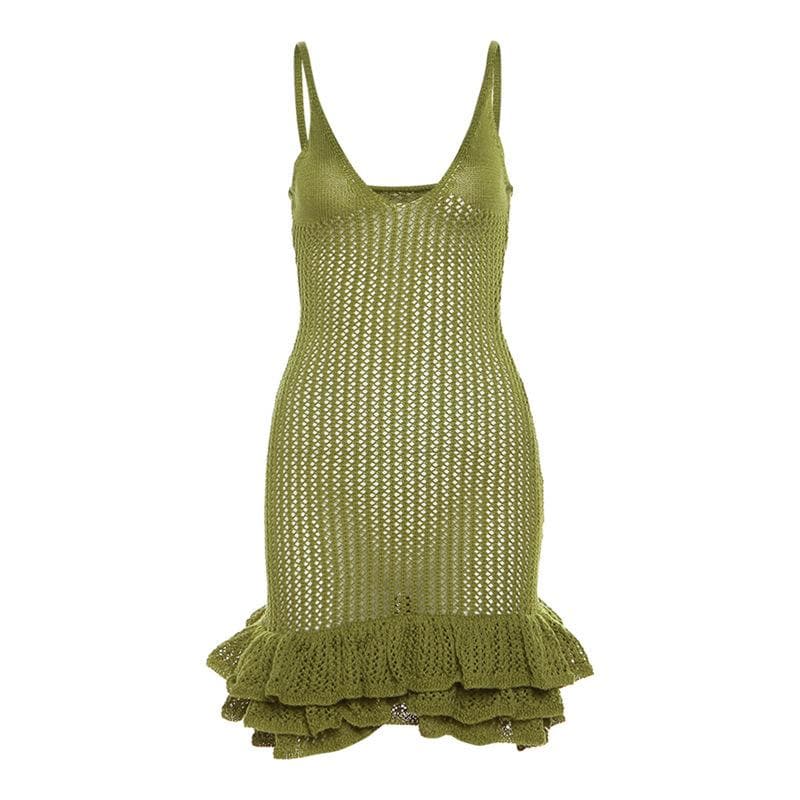 Spaghetti Strap V-Neck Crochet Pointelle Ruffle Lettuce Hem Mini Dress