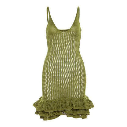 Spaghetti Strap V-Neck Crochet Pointelle Ruffle Lettuce Hem Mini Dress
