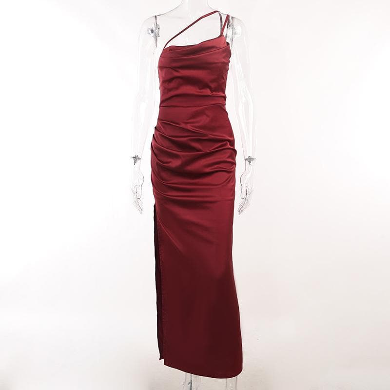 One-Shoulder Double Strap Ruched Satin Side Slit Maxi Gown