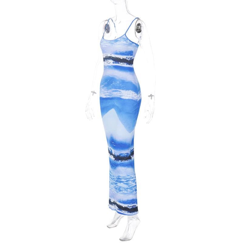 Abstract Landscape Print Scoop Neck Backless Cami Bodycon Maxi Dress
