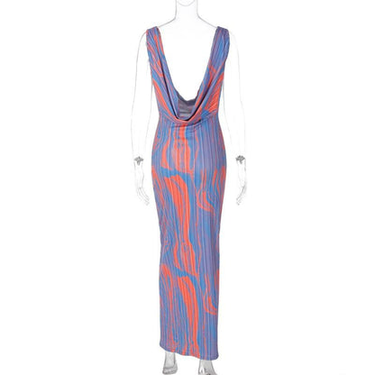 Spaghetti Strap Cowl Neck Abstract Marbled Print Bodycon Maxi Dress