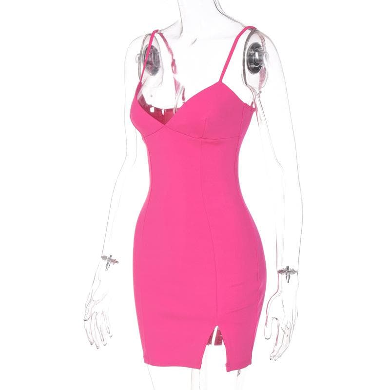 Deep V Bustier Spaghetti Strap Side Slit Bodycon Mini Dress