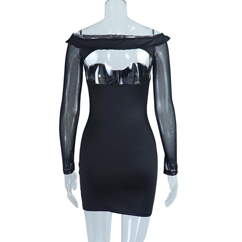 Off Shoulder Corset Sweetheart Mesh Long Sleeve Bodycon Mini Dress