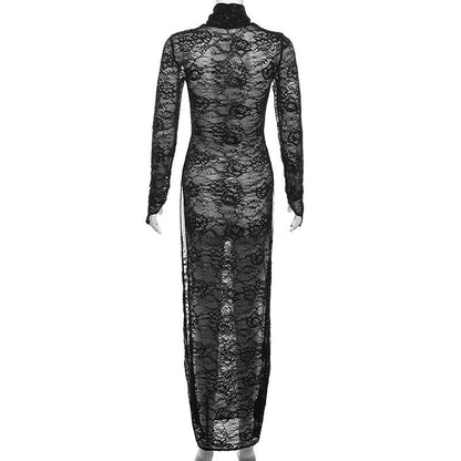 Lace Turtleneck Long Sleeve High Slit Sheer Overlay Maxi Dress