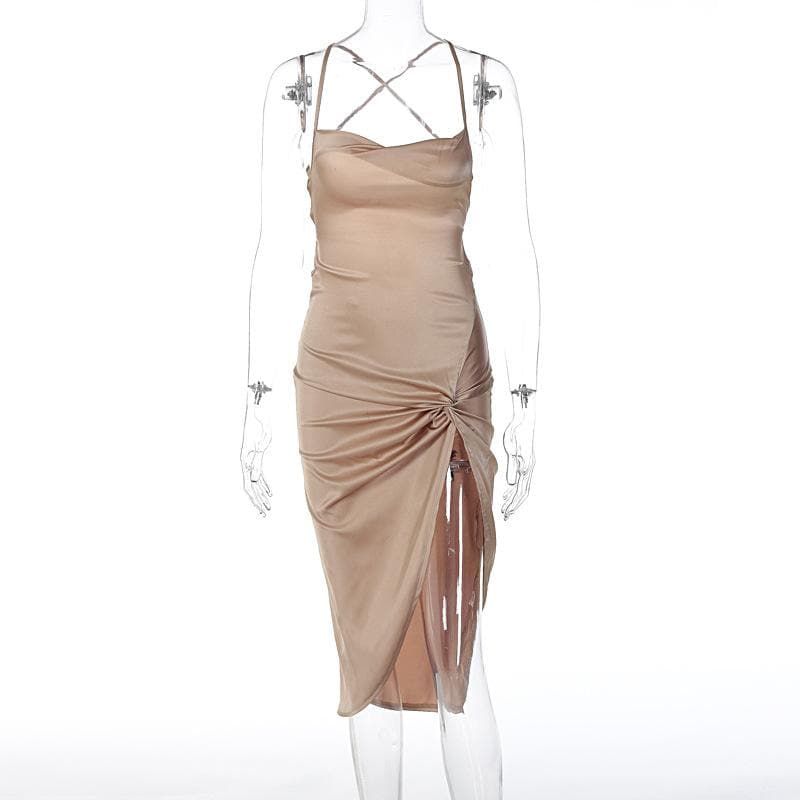 Spaghetti Strap Cross Back Cowl Neck Hip Twist Knot Side Slit Midi Dress